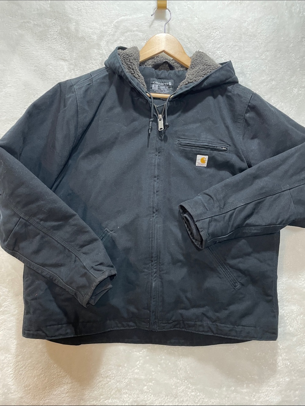 Carhartt Black Women’s XL Canvas Jacket Gray Sherpa Lining Loose Fit Hooded
